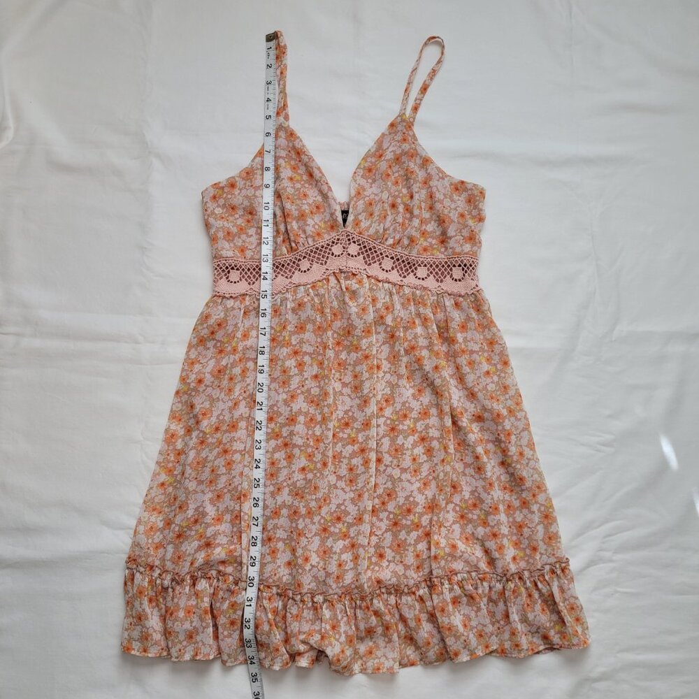 Almost Famous Floral Mini Dress Crochet Waist Ruffle Hem Sun Dress Boho Large - Picture 8 of 11